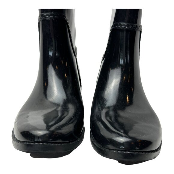 Michael Kors Boots Women 8 Black Gloss Rubber Logo Emblem Stockard Tall Rain - Picture 6 of 14